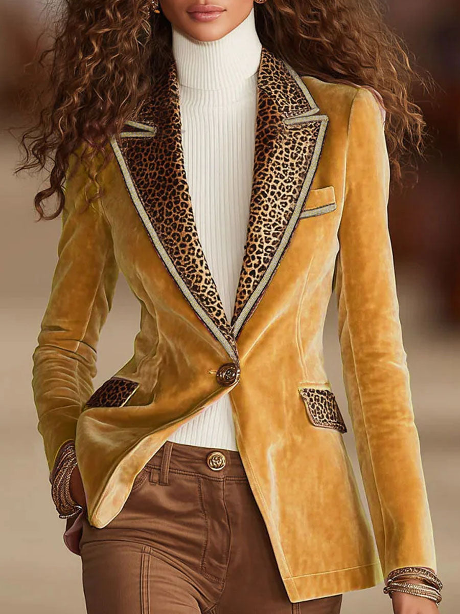 Pink Velvet Stitching Leopard Print One Button Blazer  - By Qivii