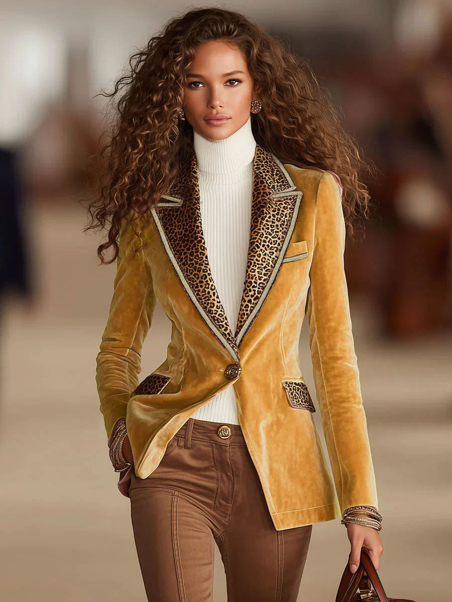 Pink Velvet Stitching Leopard Print One Button Blazer  - By Qivii