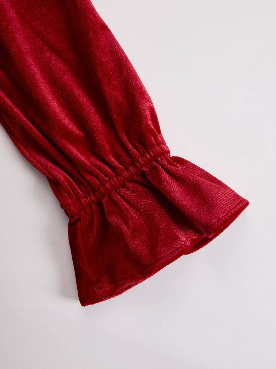 Fashionable Retro Red Velvet Pleated Ruffled Long-sleeved Shirt  - By Qivii