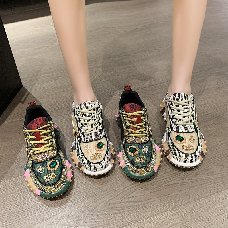 Women’s Lumira Embroidered Letter Mesh Platform Sneakers – Rhinestone Detail Chunky Sole Light Luxury Fashion Sneakers (US 4–10.5)