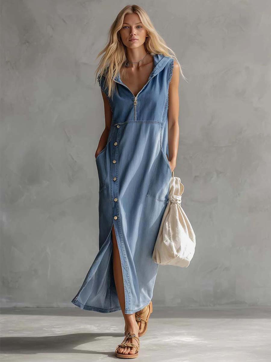 Exquisite Vintage Casual Hooded V-neck Zipper Side Slits Buttons Blue Denim Midi Dress  - By Qivii