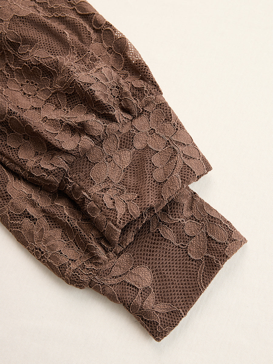 Elegant Brown Lace Front Slit Long Sleeve Maxi Dress  - By Qivii
