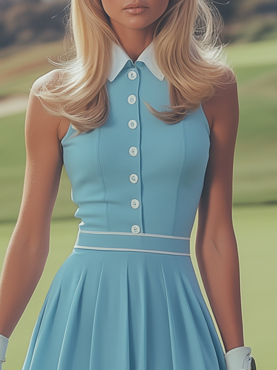 Elegant Sports White Button Detail Baby Blue Sleeveless Mini Dress  - By Qivii