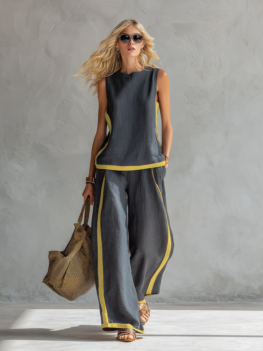 Elegant And Casual Two-tone Trim Gray Cotton And Linen Vest And Pants Set  - By Qivii