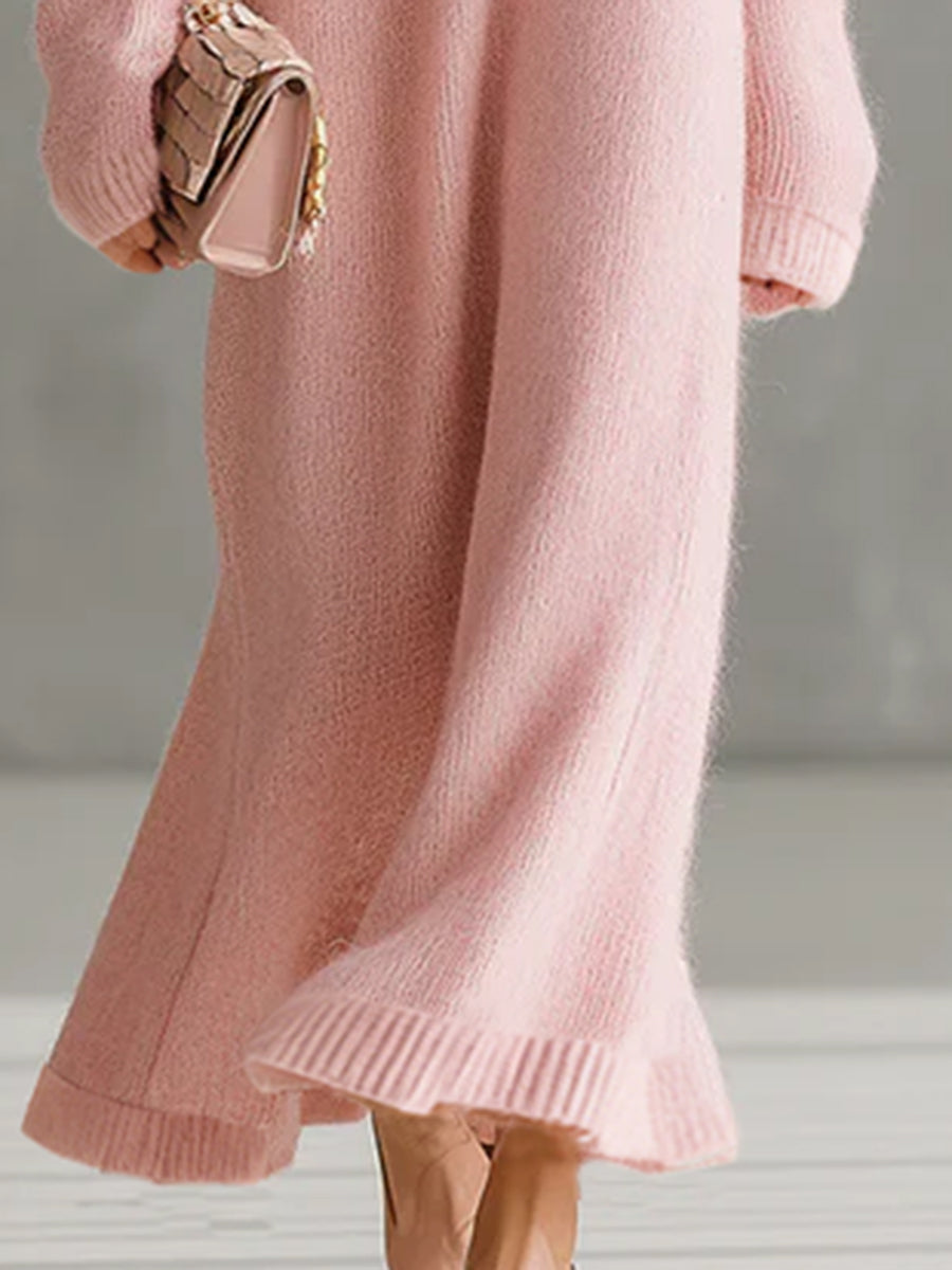 Pink Mohair One-shoulder Loose Maxi Dress  - By Qivii