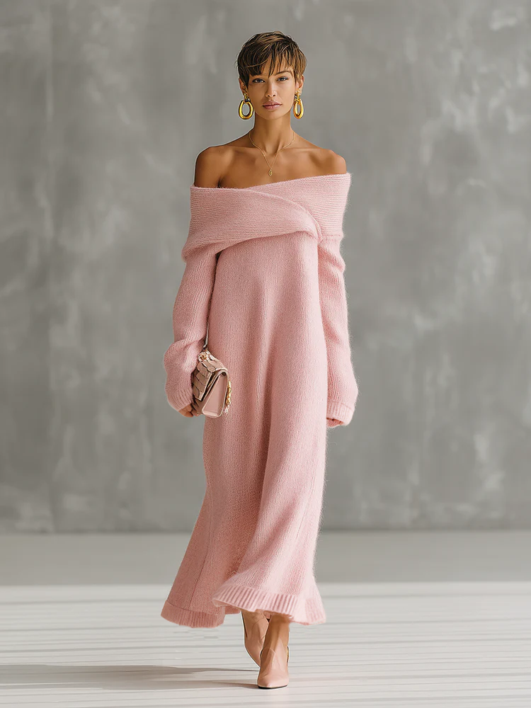 Pink Mohair One-shoulder Loose Maxi Dress  - By Qivii