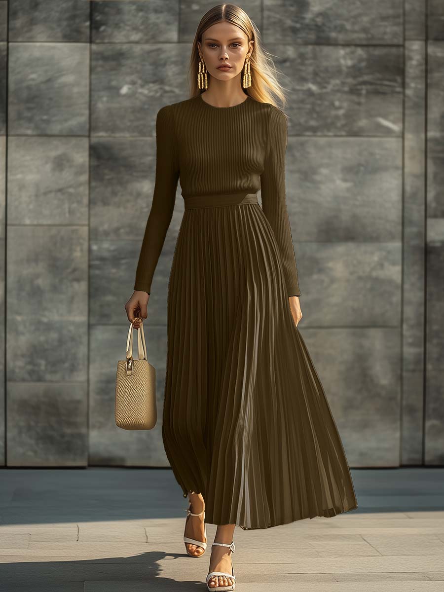 Elegant Casual And Comfortable Long-sleeved Cream Knitted Satin Pleated Hem Maxi Dress  - By Qivii