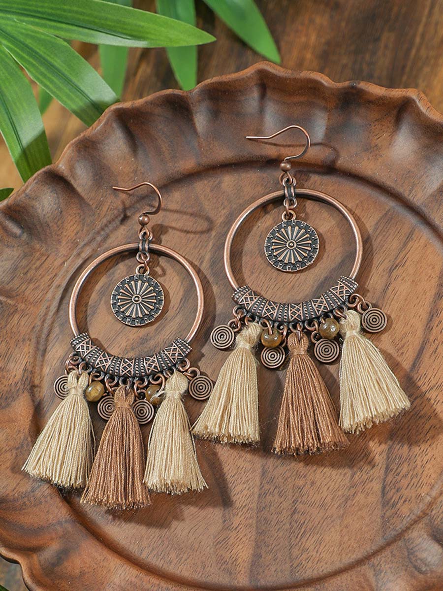 Vintage Distressed Bohemian Tassel Necklace Earrings Set  - By Qivii