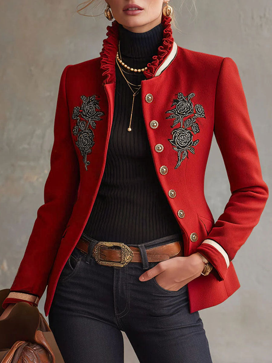 Ruffled Stand-up Collar Single-breasted Rose Embroidered Jacket  - By Qivii