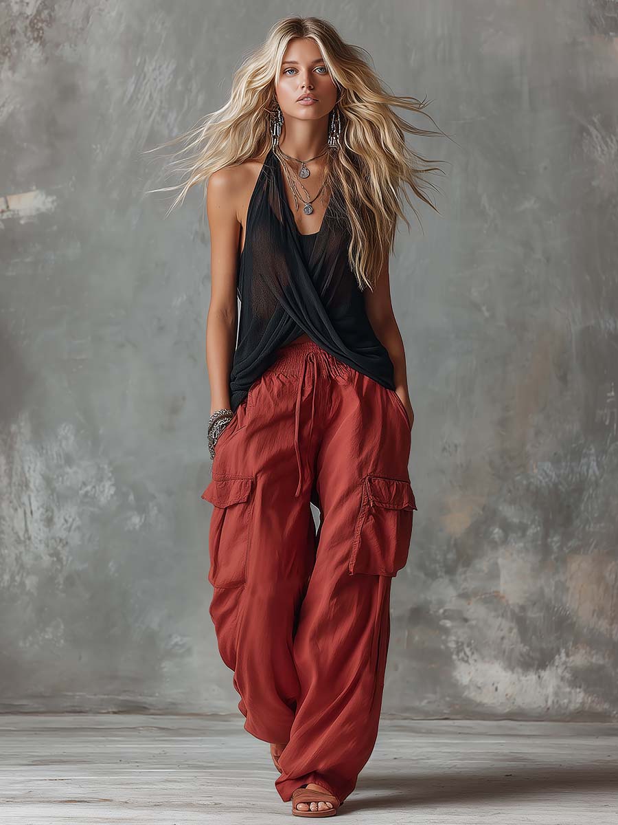 Retro Casual Workwear Style Red Cotton Pants  - By Qivii