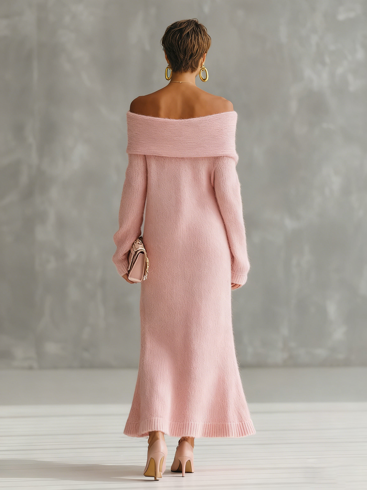 Pink Mohair One-shoulder Loose Maxi Dress  - By Qivii