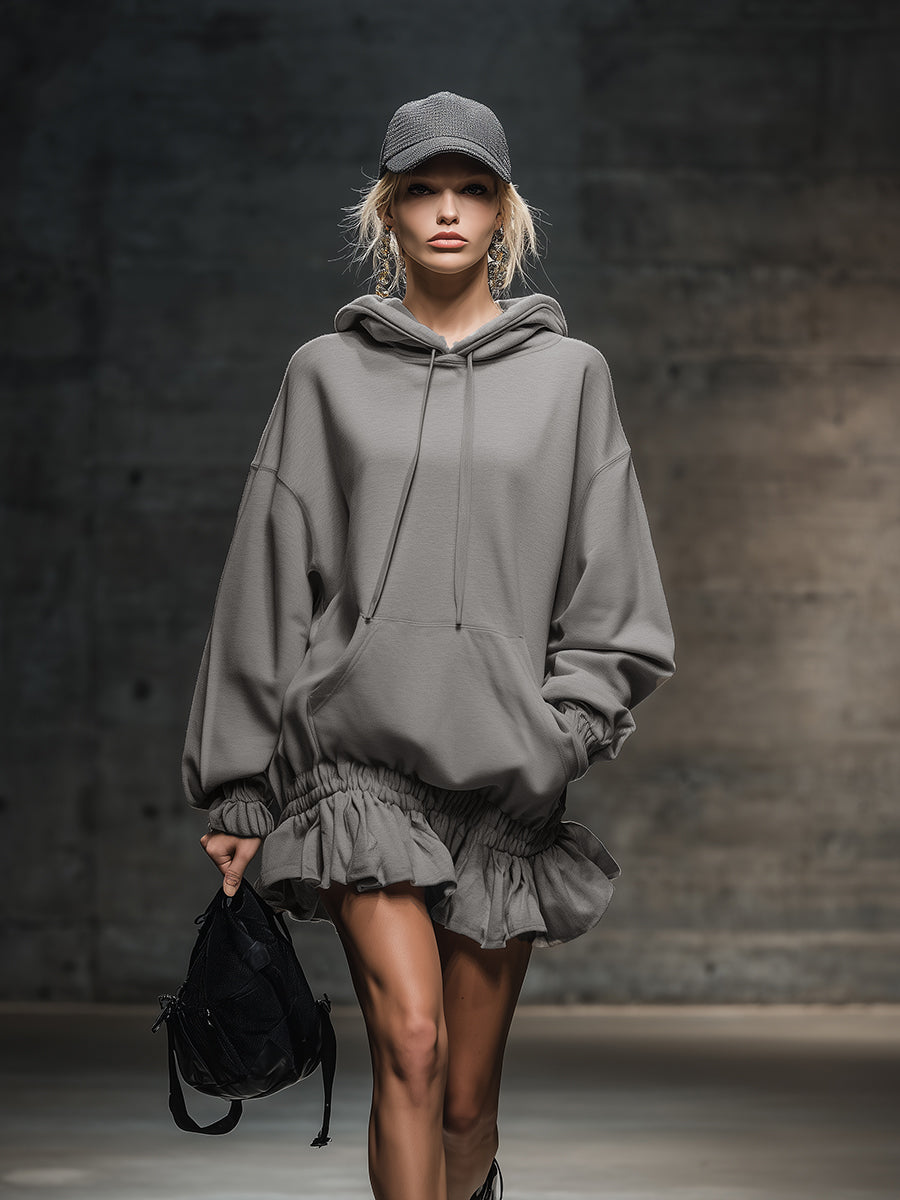 Casual And Fashionable Hooded Elastic Hem Gray Sweatshirt Mini Dress  - By Qivii