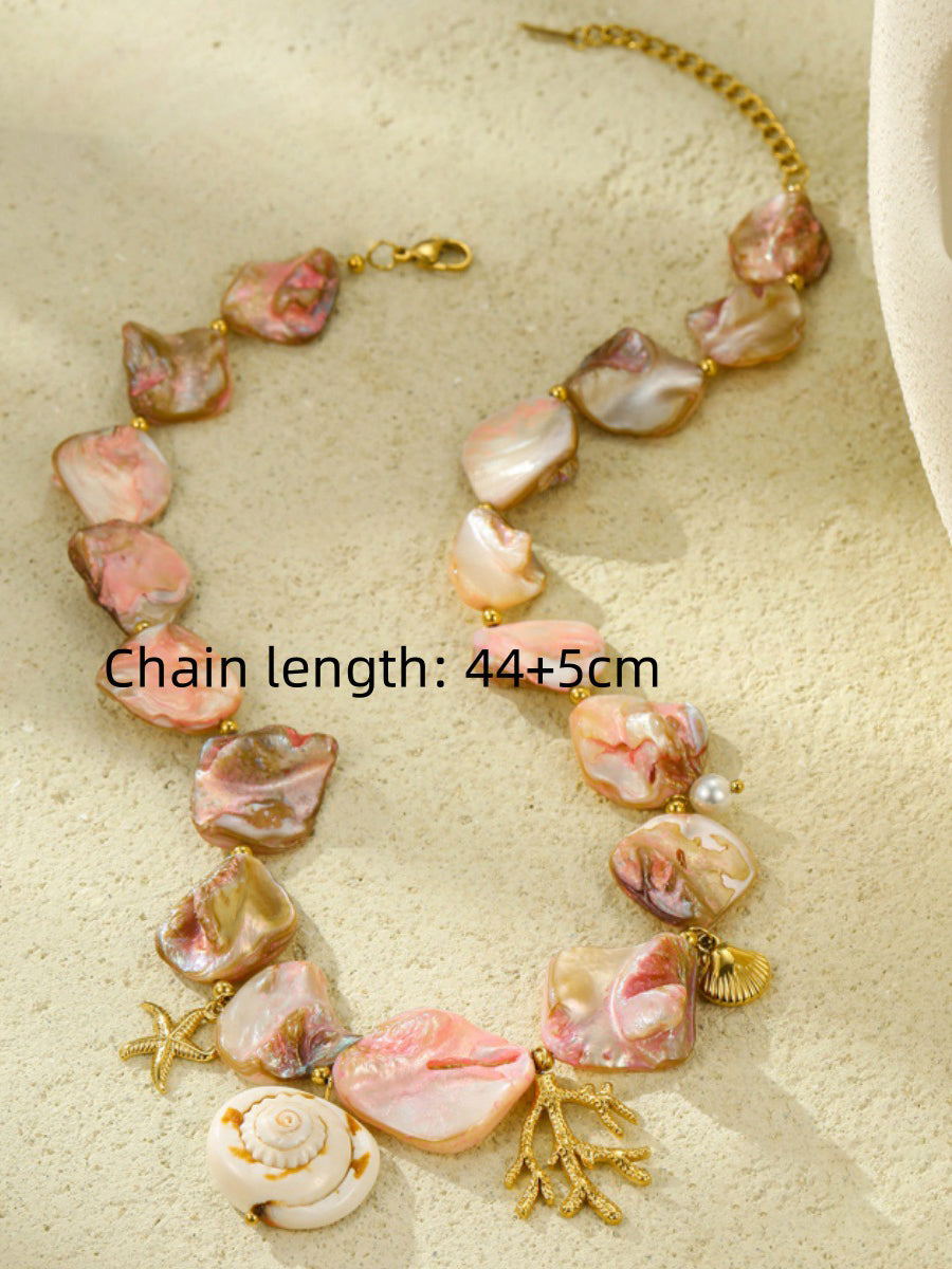 Beach Style Pink Shell Coral Stainless Steel Necklace  - By Qivii