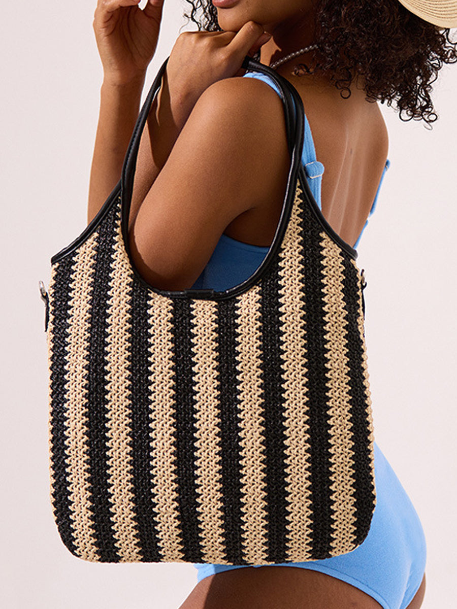 Women's Contrast Striped Vintage Straw Shoulder Bag MDA0831H2Y