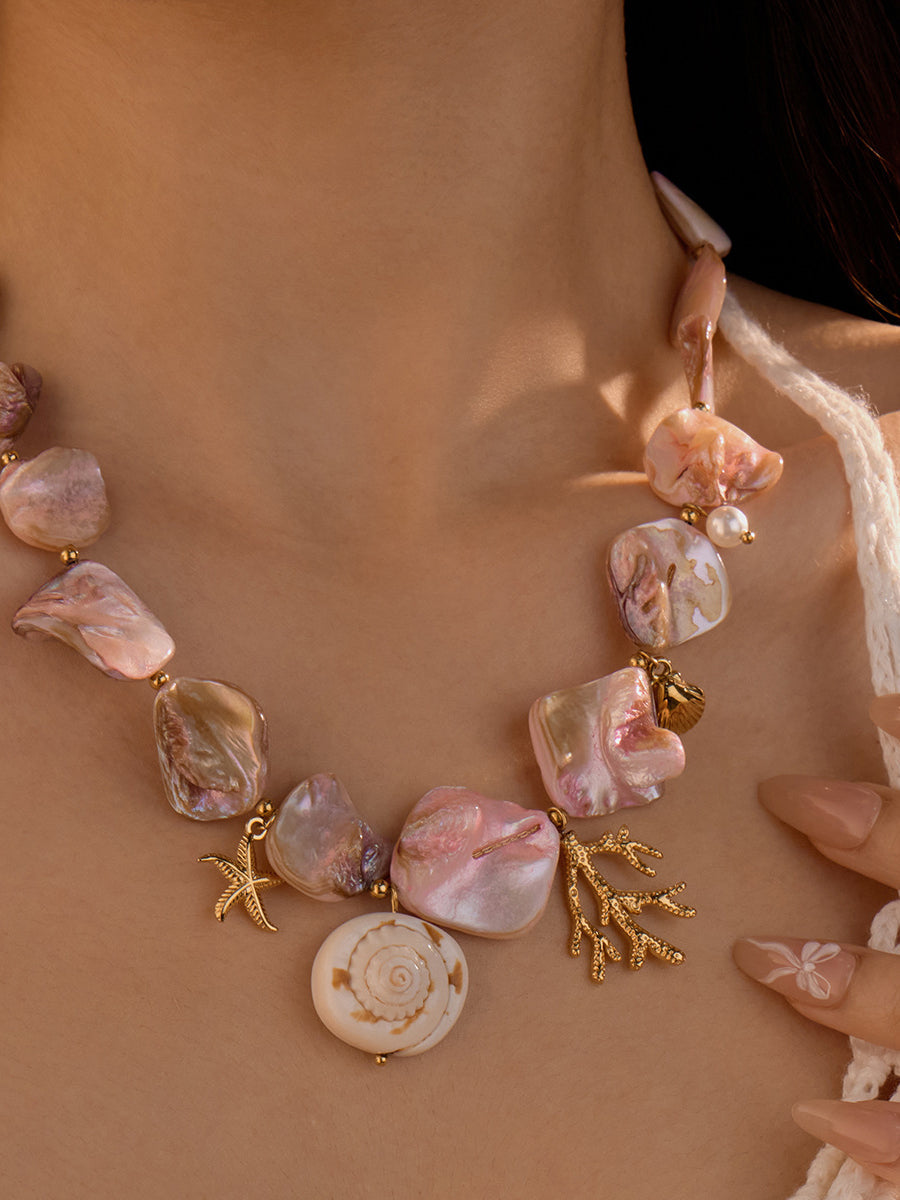 Beach Style Pink Shell Coral Stainless Steel Necklace  - By Qivii