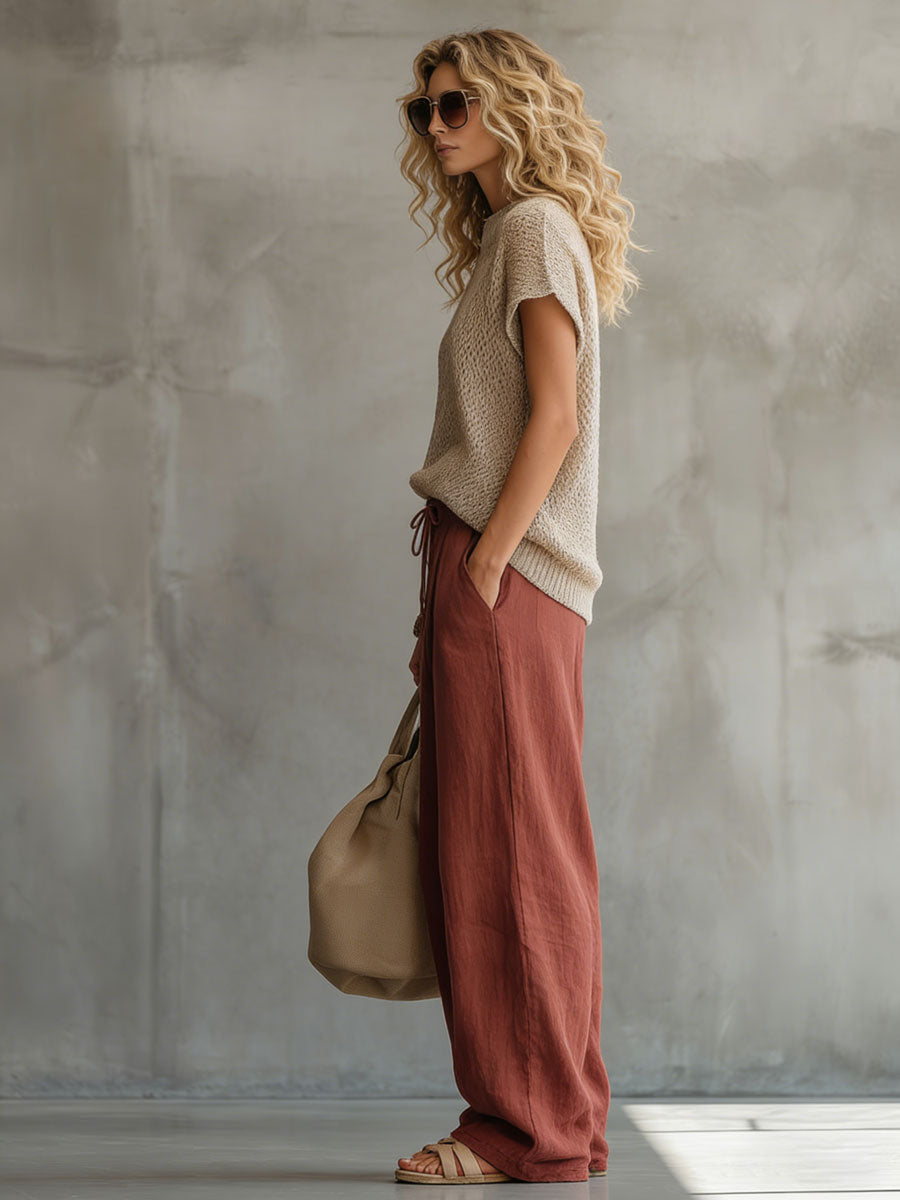 Retro Short-sleeved Knit Top And Brick Red Cotton Linen Wide-leg Pants Set  - By Qivii