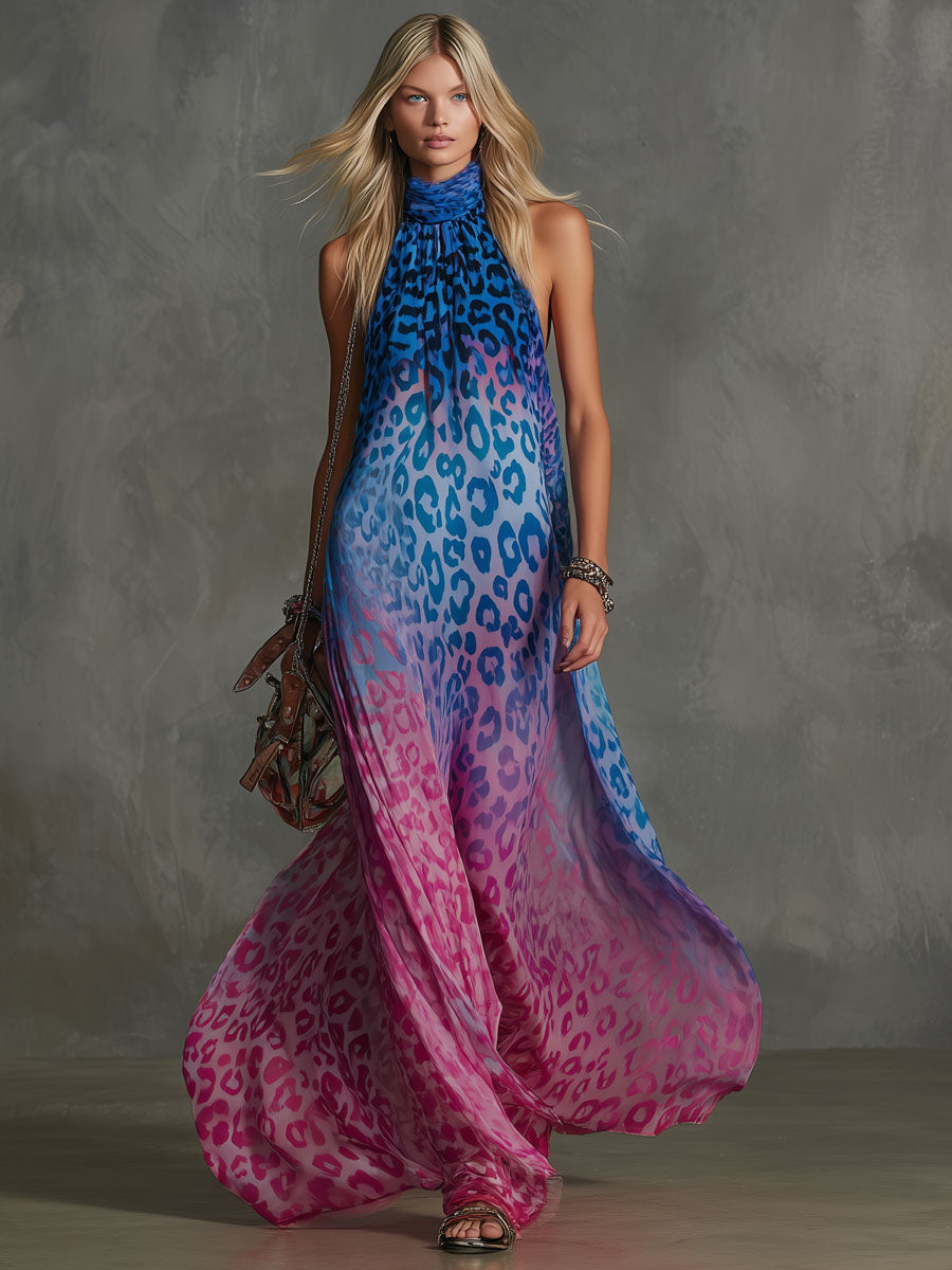 Gradient Leopard Print Chiffon High-neck Sleeveless Maxi Dress  - By Qivii