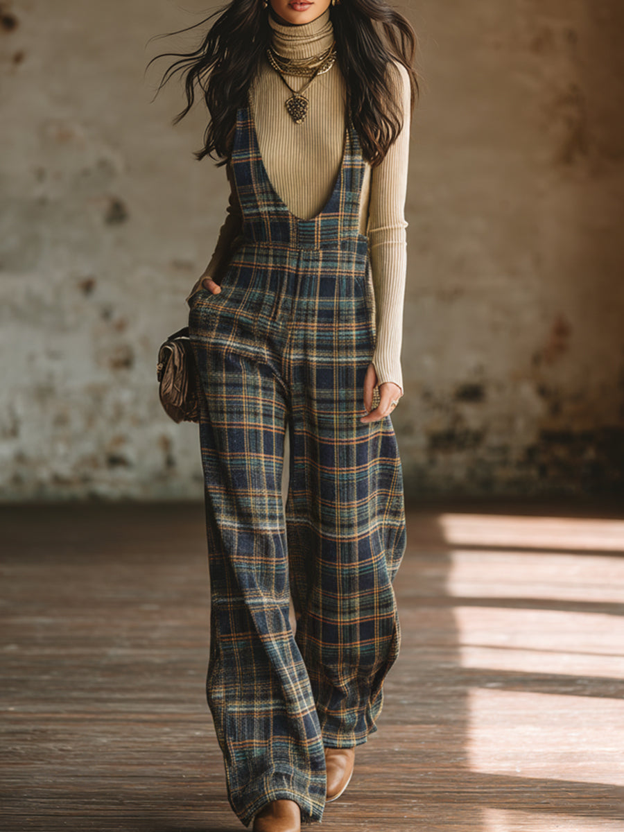 Classic Retro Blue Plaid Side-button Wide-leg Overalls  - By Qivii