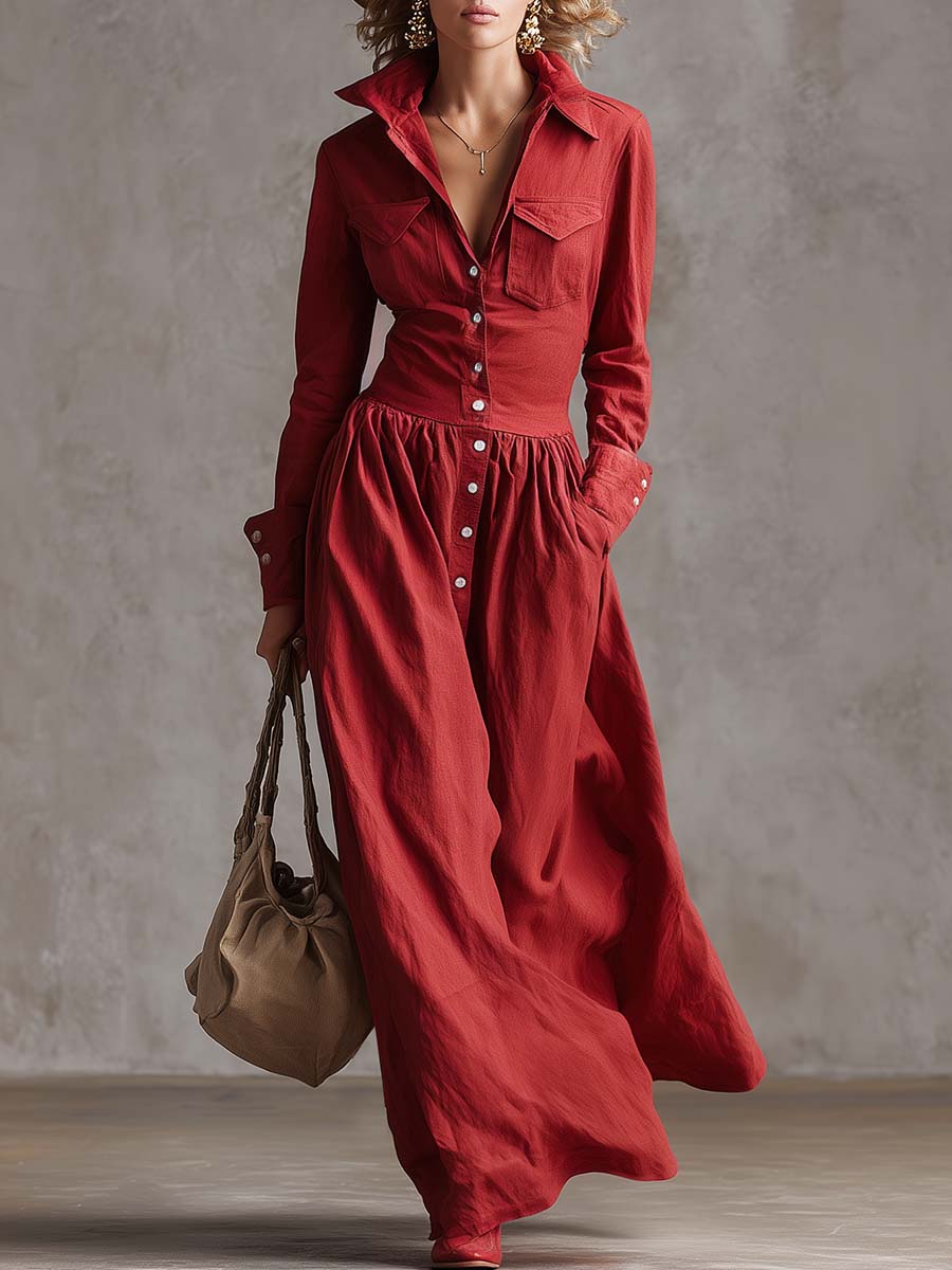 Exquisite Retro Western Lapel Front Button Red Windbreaker Style Cotton And Linen Maxi Dress  - By Qivii