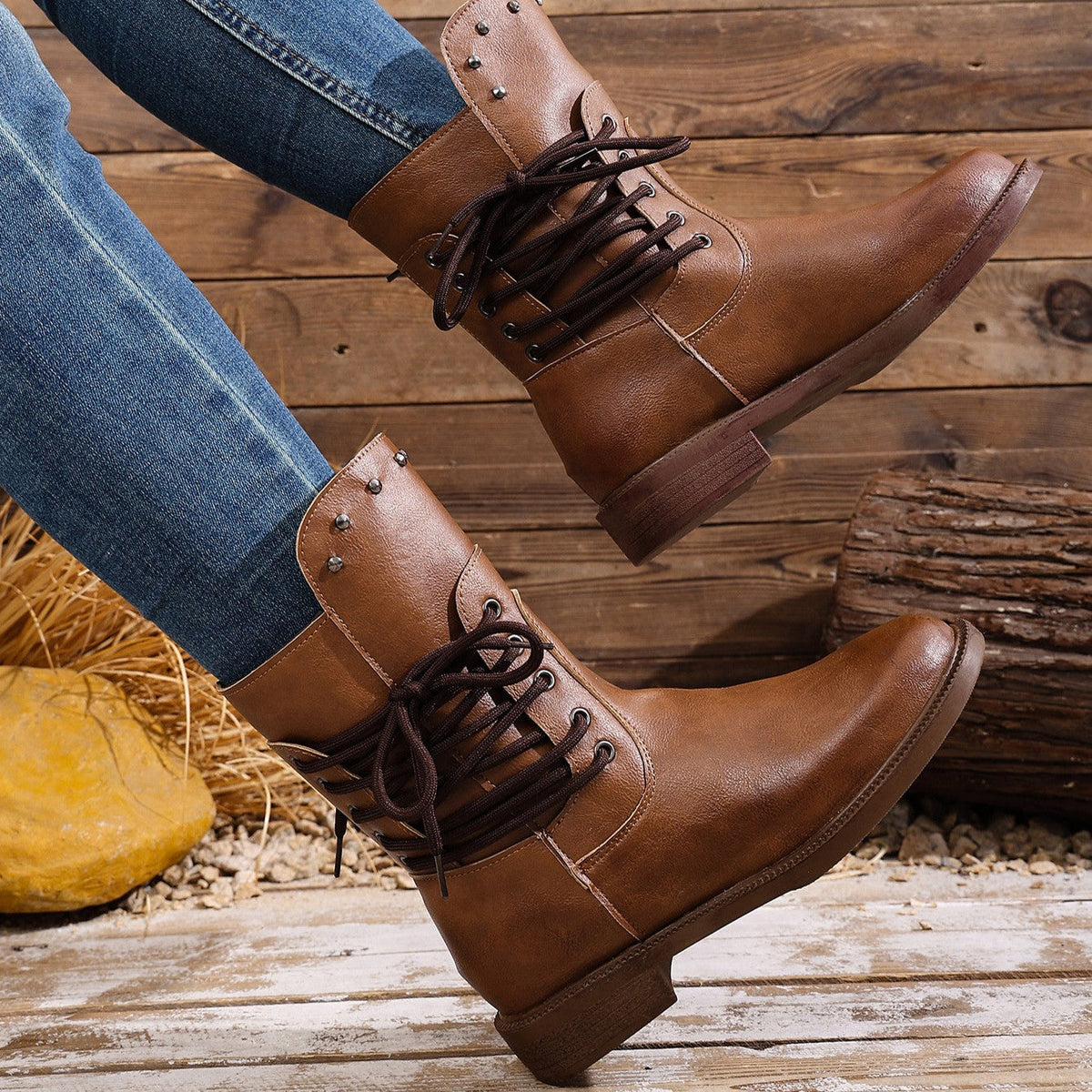 Women's Rivet Roma Boots - Side Lace Chunky Heel Mid Calf Boots (US 4-10.5)