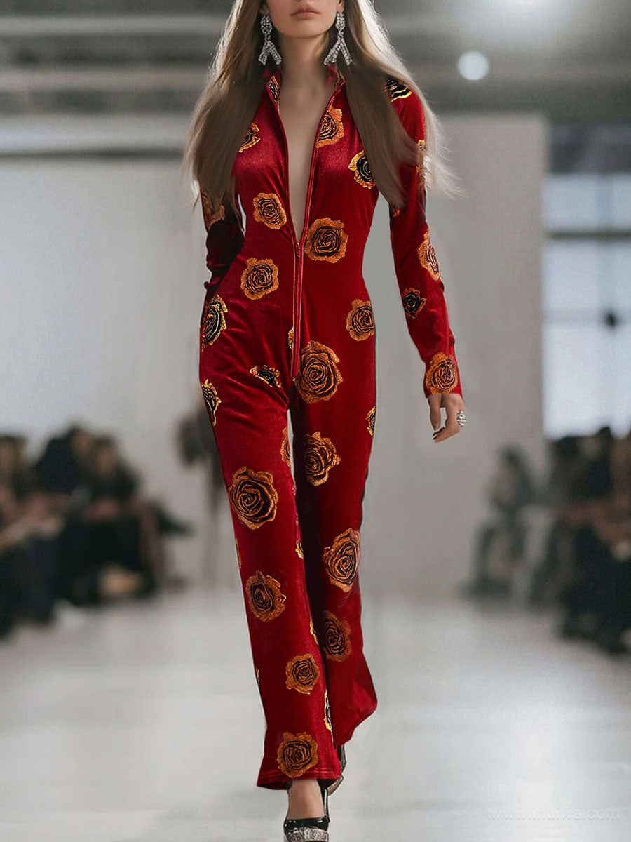 Casual Loose Retro Red Velvet Gold Rose Printed Zipper Long Sleeve Jumpsuit  - By Qivii