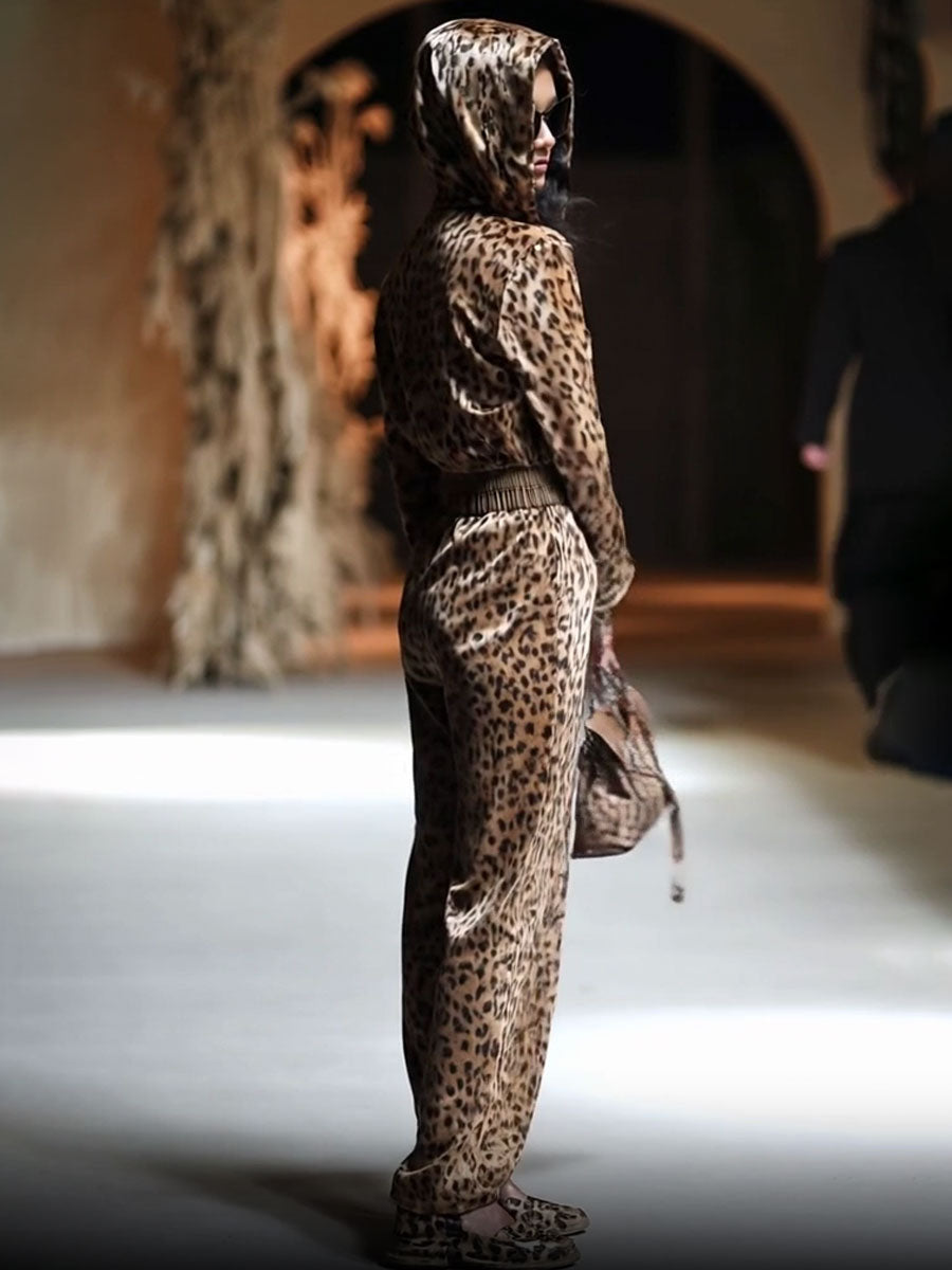 Casual Loose Vintage Velvet Leopard Print Zipper Hooded Jumpsuit - By Qivii