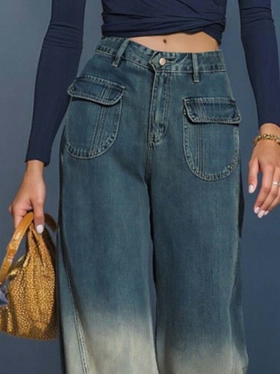 Casual Fashion Gradient Washed Denim Blue Gray Loose Pants  - By Qivii