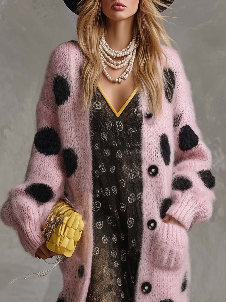 Vintage Fashion Lazy Front Button Black Polka Dot Pink Imitation Rabbit Fur Knitted Long-sleeved Cardigan  - By Qivii