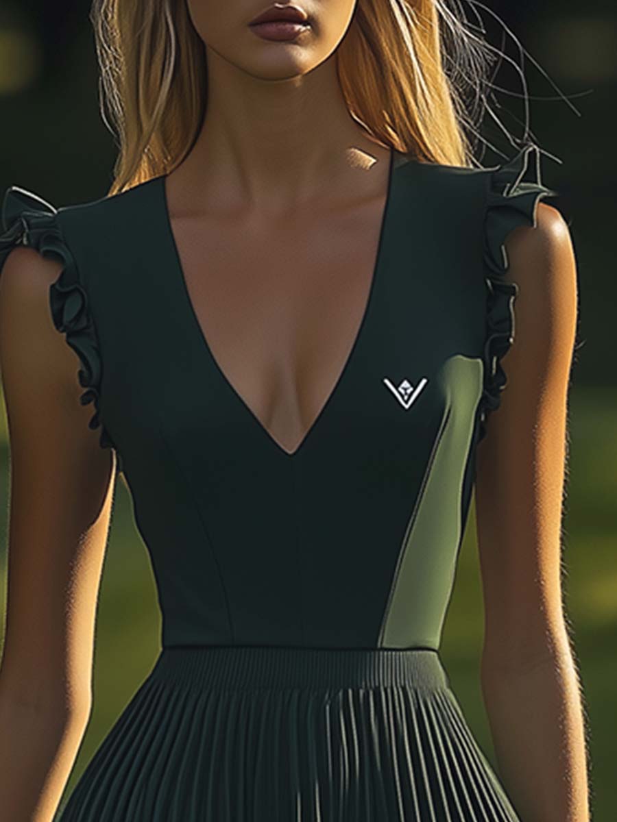 Elegant Sports V-Neck Pleated Hem Dark Green Stretch Mini Dress  - By Qivii