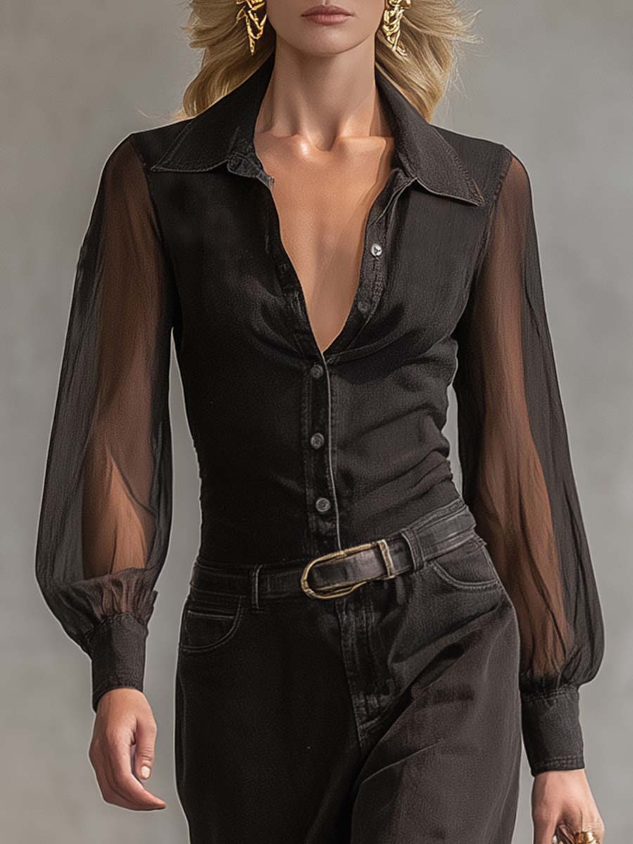 Vintage Western Front Button V-Neck Transparent Long Sleeve Black Denim Maxi Dress  - By Qivii