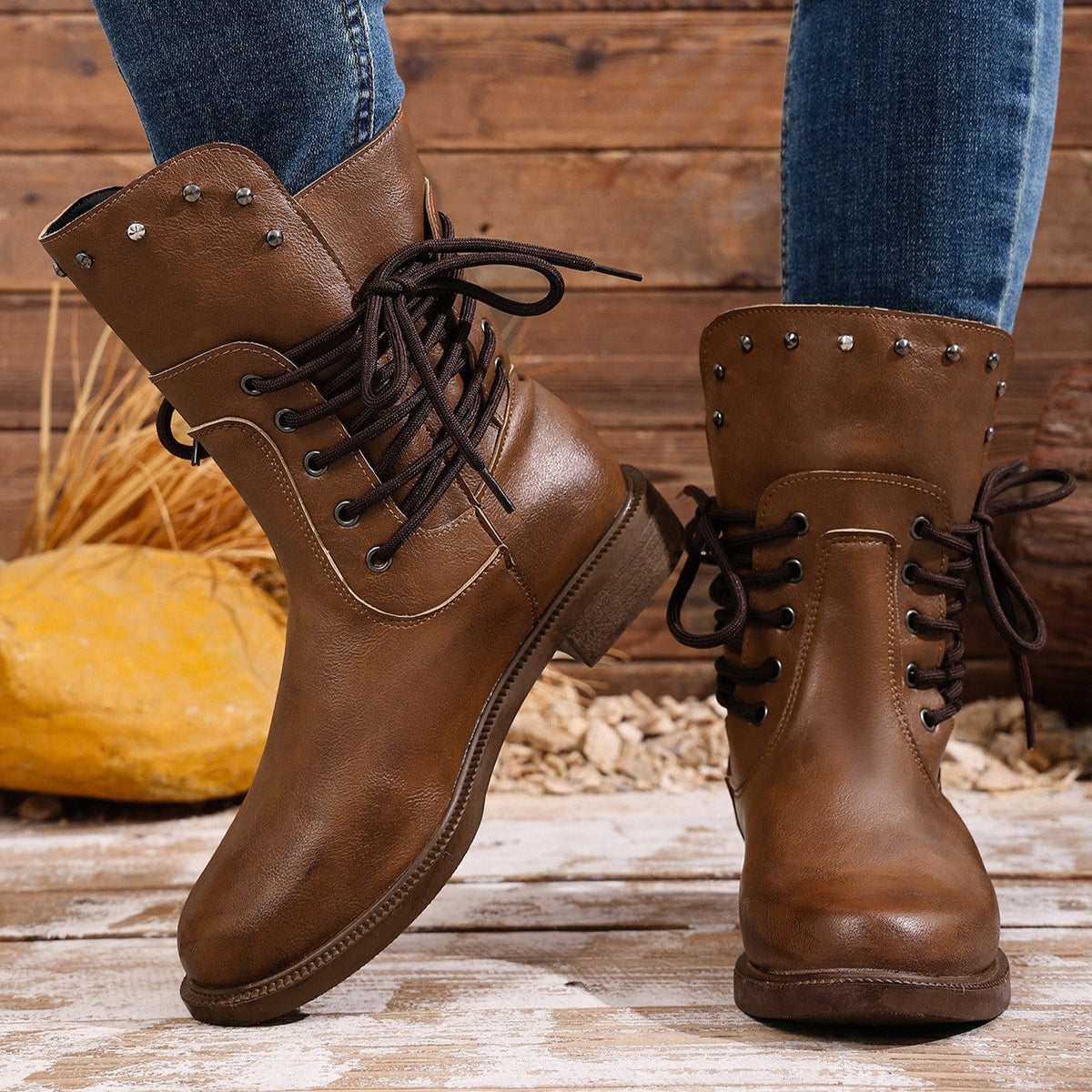 Women's Rivet Roma Boots - Side Lace Chunky Heel Mid Calf Boots (US 4-10.5)