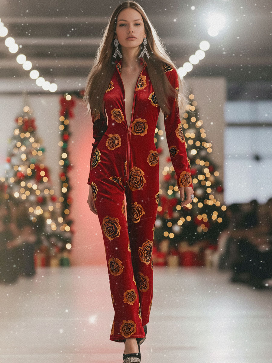 Casual Loose Retro Red Velvet Gold Rose Printed Zipper Long Sleeve Jumpsuit  - By Qivii