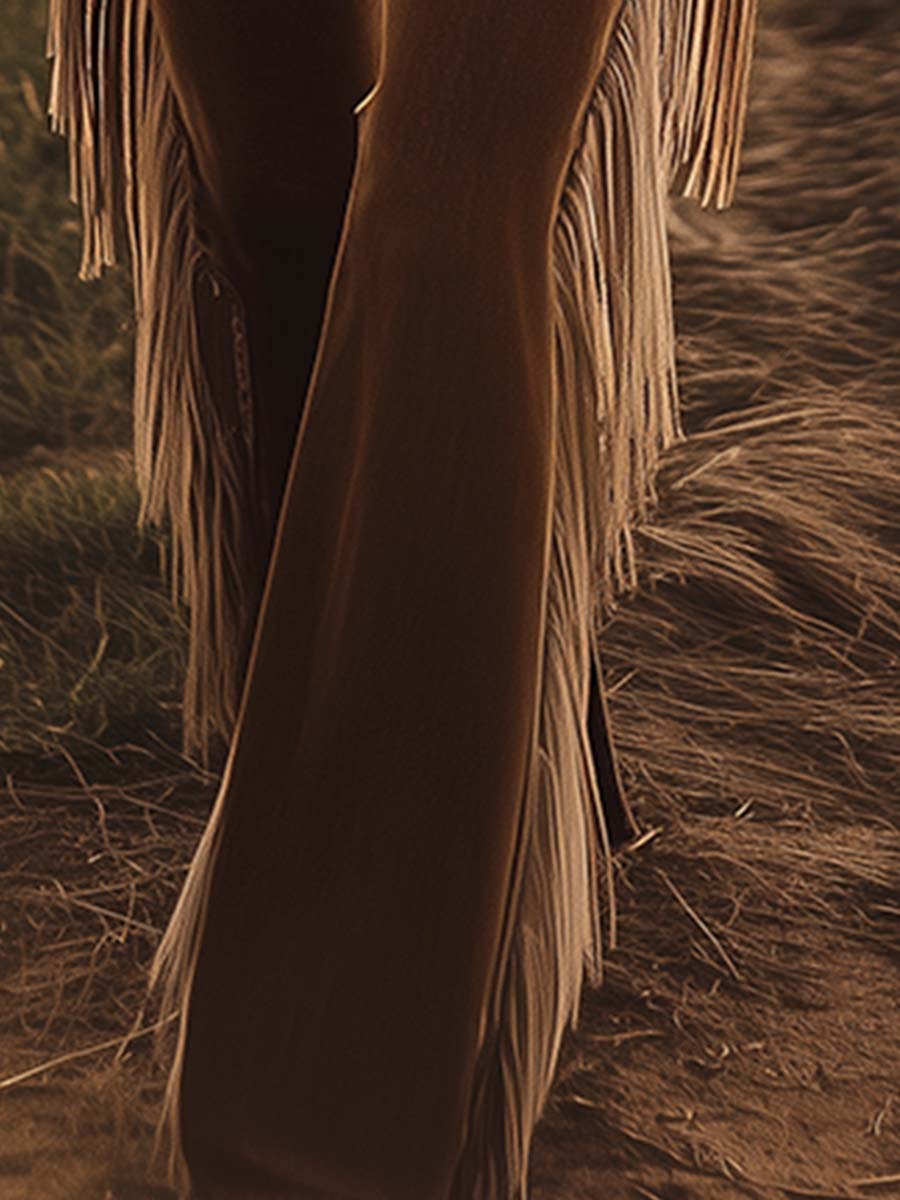 Vintage Western Brown Fringe Flared Jeans  - By Qivii