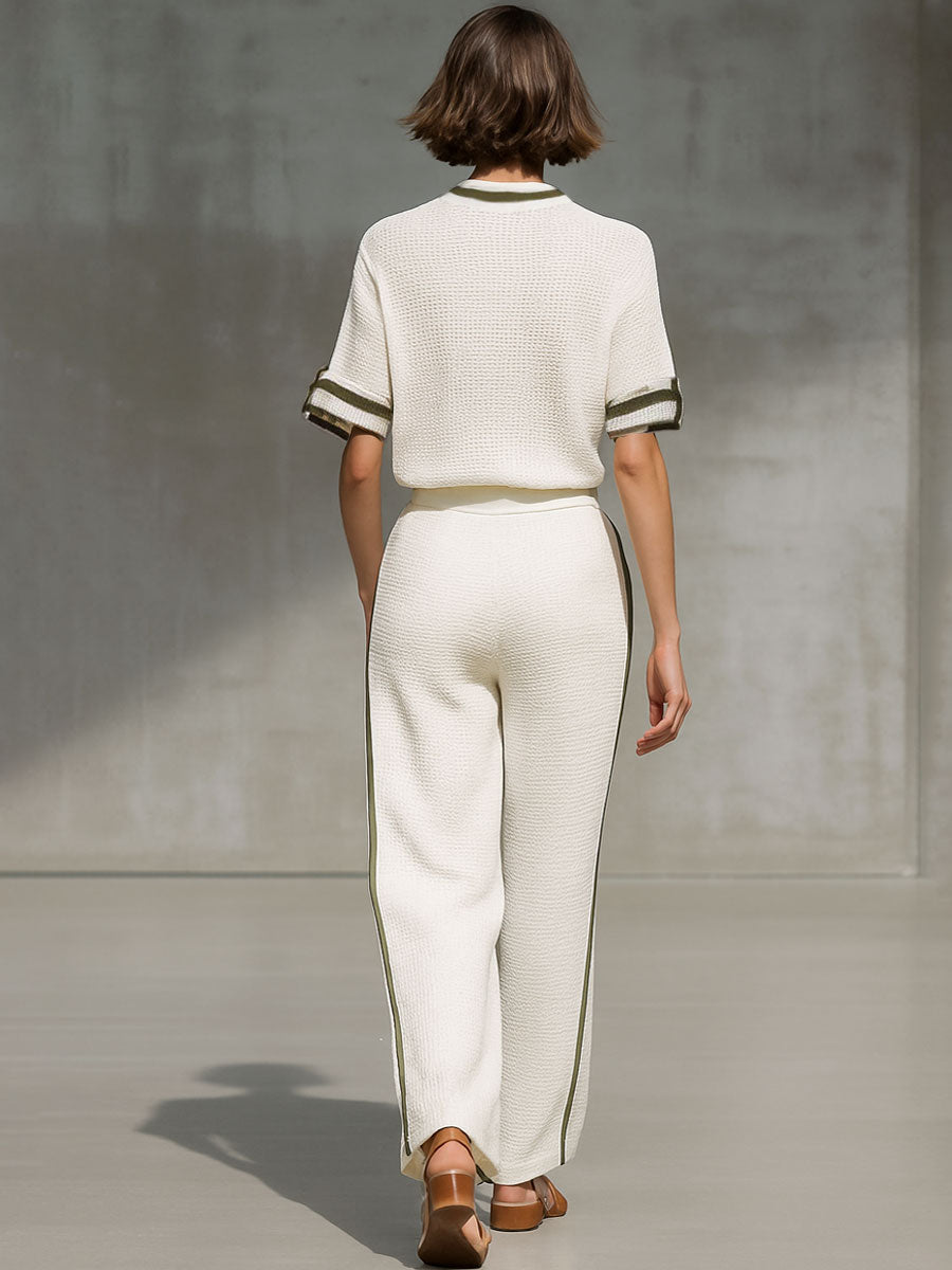 Vintage-Trimmed White Knitted Mesh Short-Sleeved Shirt And Wide-Leg Pants Set  - By Qivii