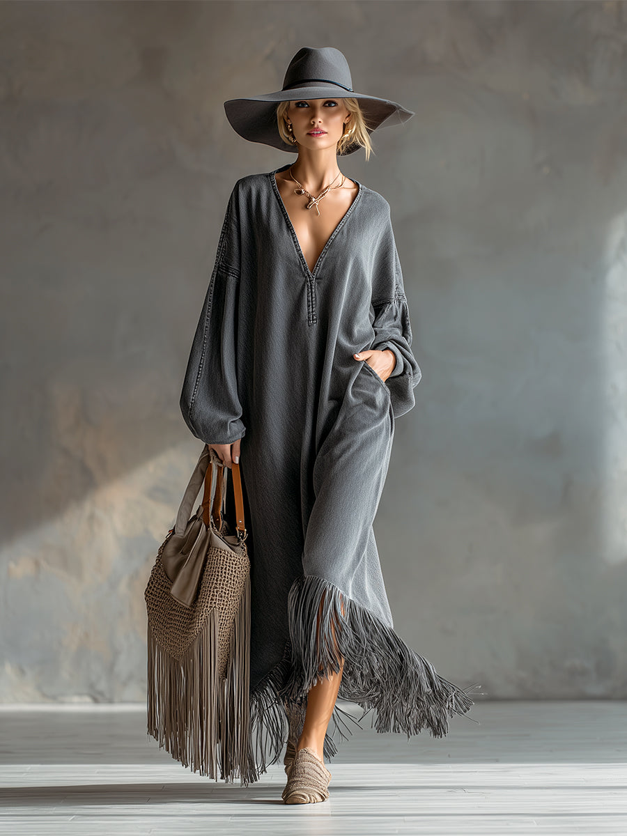Elegant Silhouette Grey Denim Tassel Long Sleeve Maxi Dress  - By Qivii