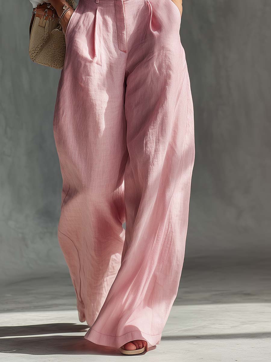 Elegant Vintage Versatile Pink Cotton And Linen Wide-leg Pants Overalls  - By Qivii