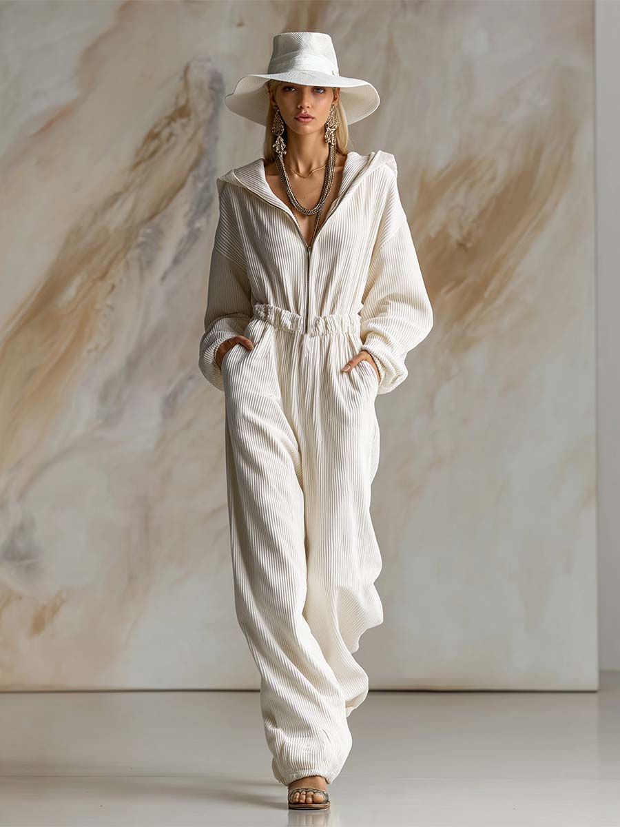 Casual Loose Fashionable White Corduroy Hooded Front Zipper Long Sleeve Jumpsuit  - By Qivii