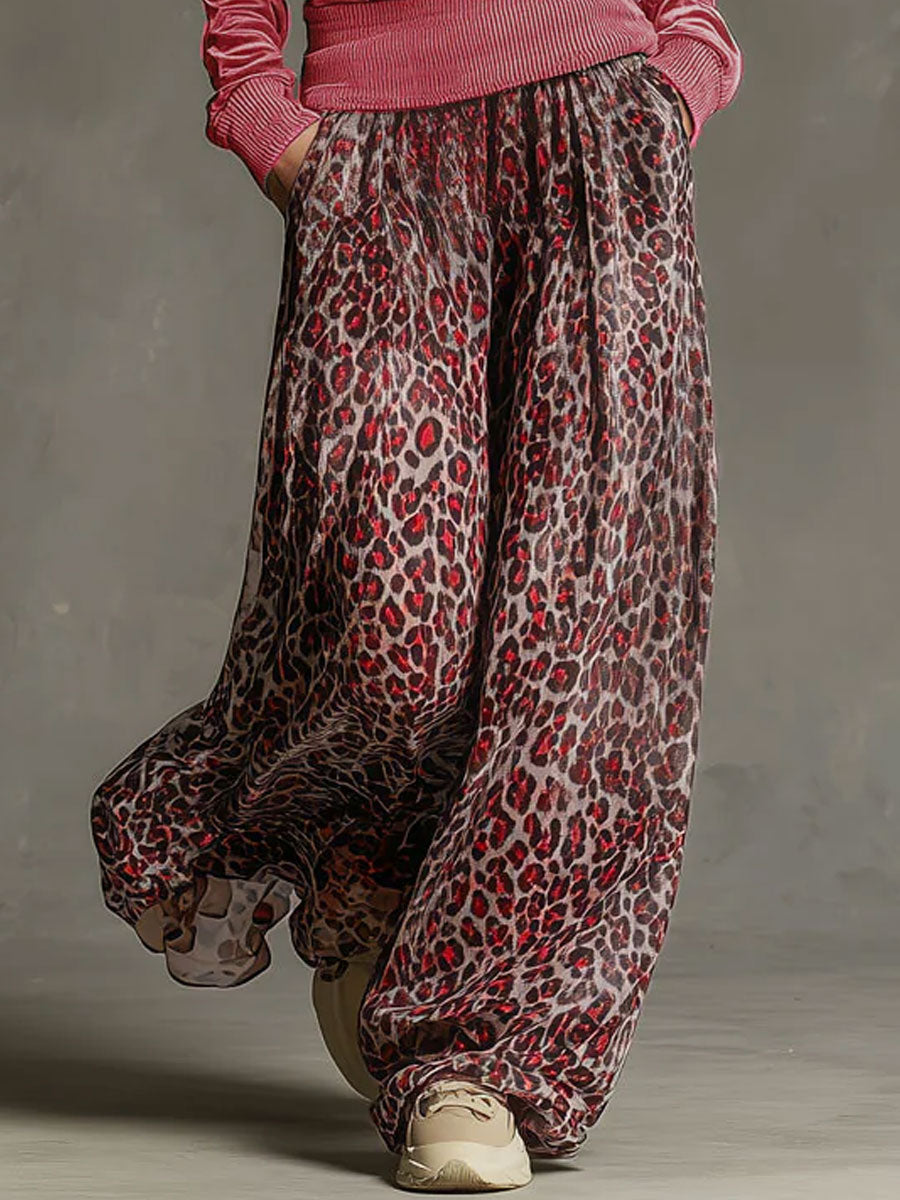 Casual Retro Pink Fleece Hooded Top And Chiffon Leopard Print Wide-leg Pants Set  - By Qivii