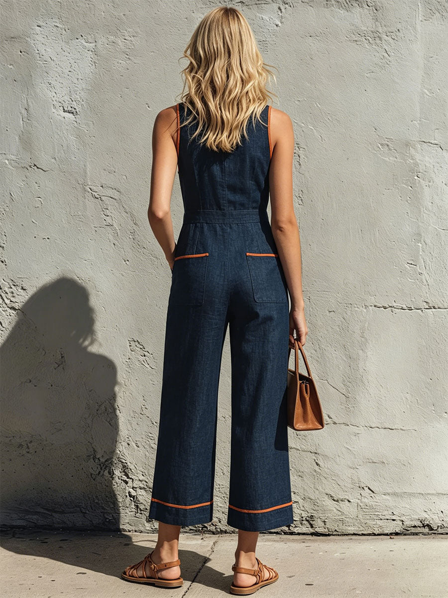 Casual Retro Color-blocked Trim Blue Sleeveless Round Neck Cotton-linen Jumpsuit  - By Qivii