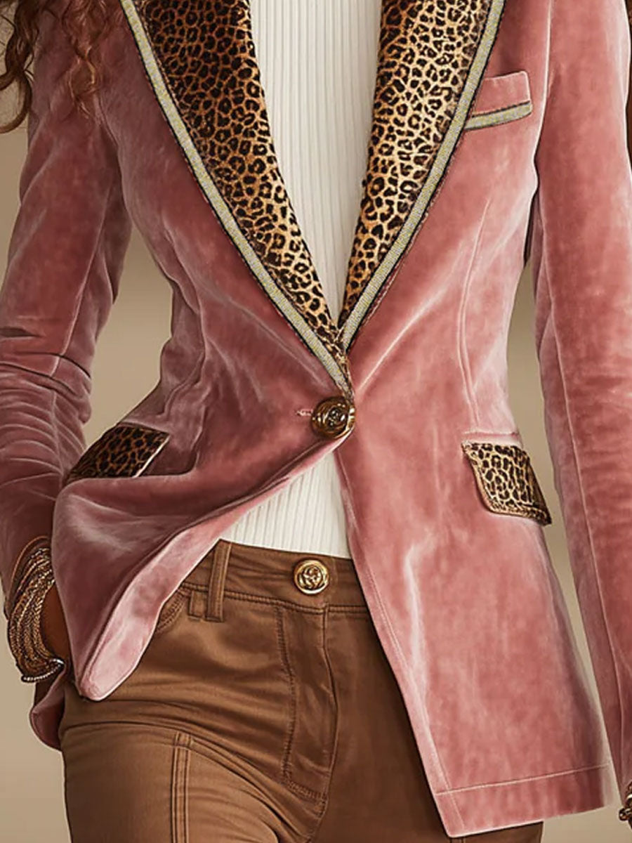 Pink Velvet Stitching Leopard Print One Button Blazer  - By Qivii
