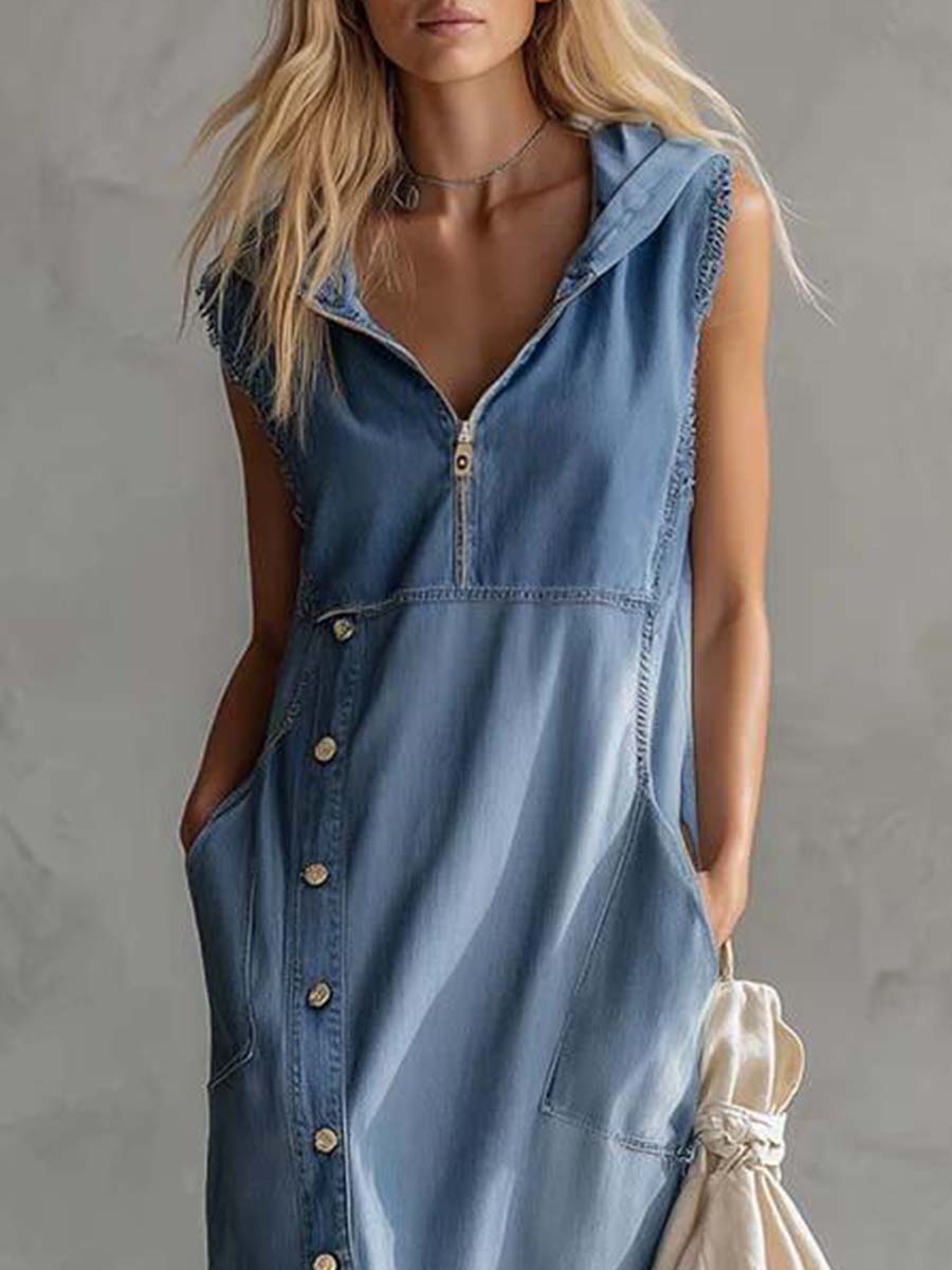 Exquisite Vintage Casual Hooded V-neck Zipper Side Slits Buttons Blue Denim Midi Dress  - By Qivii