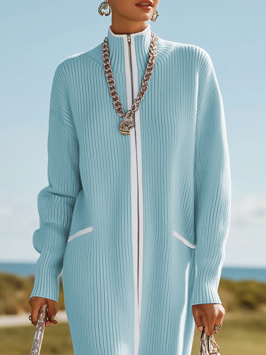 Sporty And Stylish White-trimmed Blue Knit Maxi Dress  - By Qivii