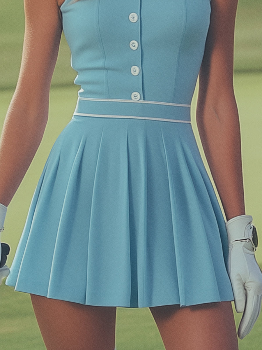 Elegant Sports White Button Detail Baby Blue Sleeveless Mini Dress  - By Qivii