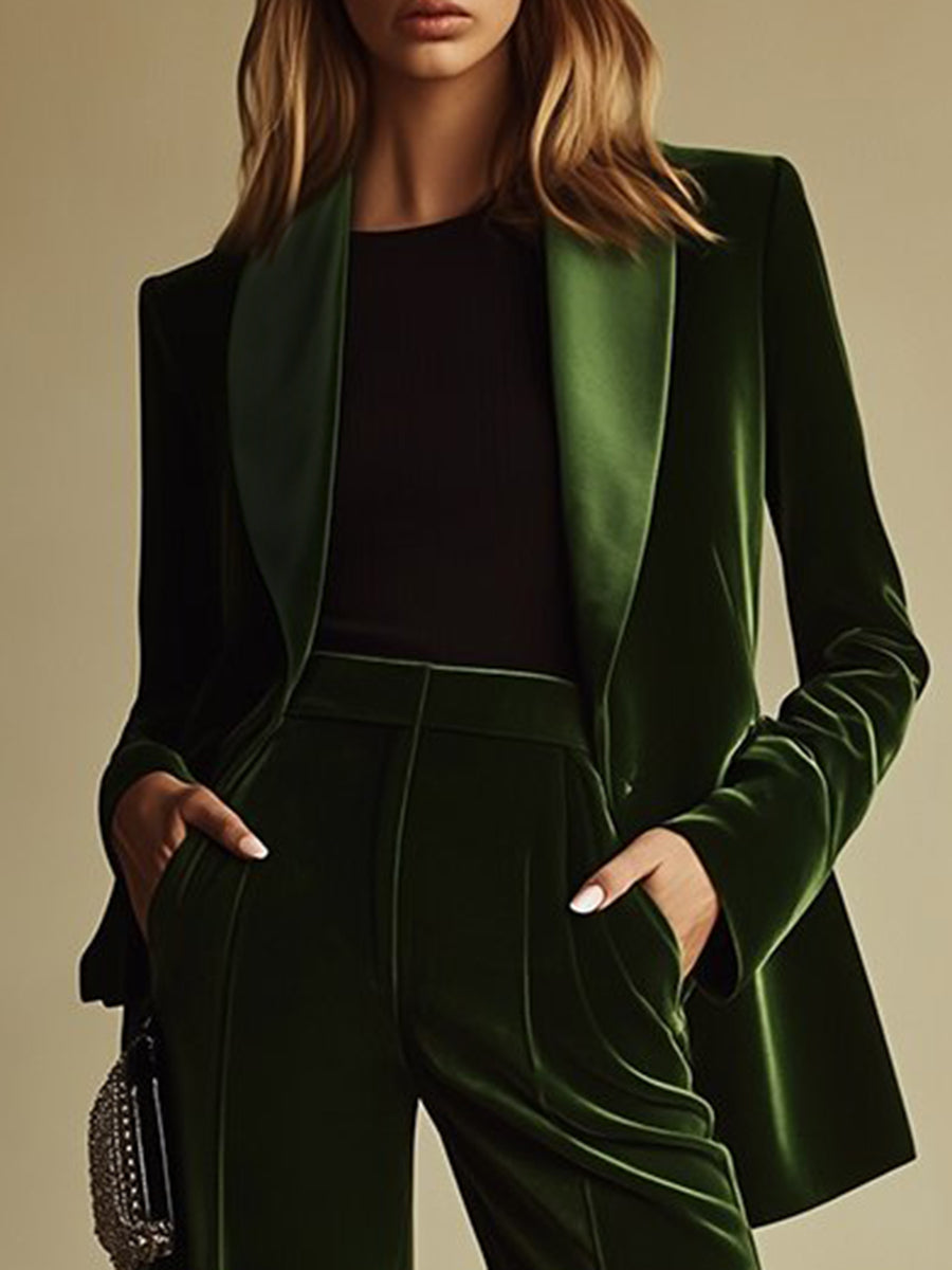 High-End Temperament Loose Retro Green Velvet Suit  - By Qivii