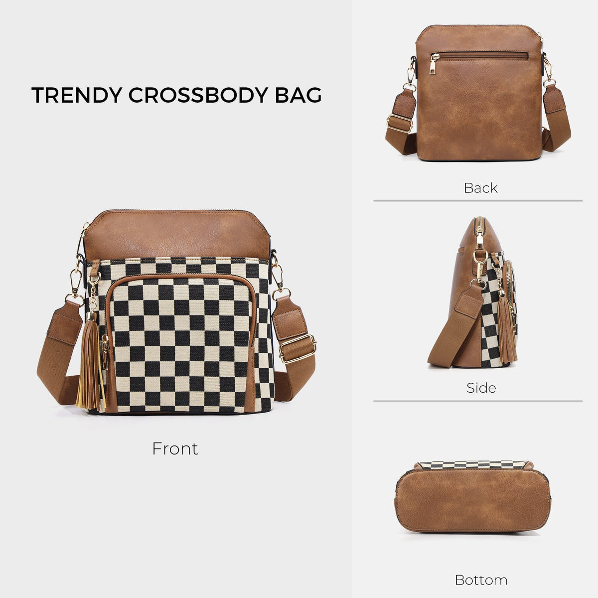 Ounamei Checkered Crossbody Bag in PU Leather & Canvas | Lightweight Shoulder Bag for Women