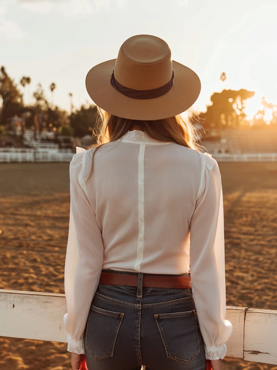 Western-style White Lace Button-down Shirt - By Qivii
