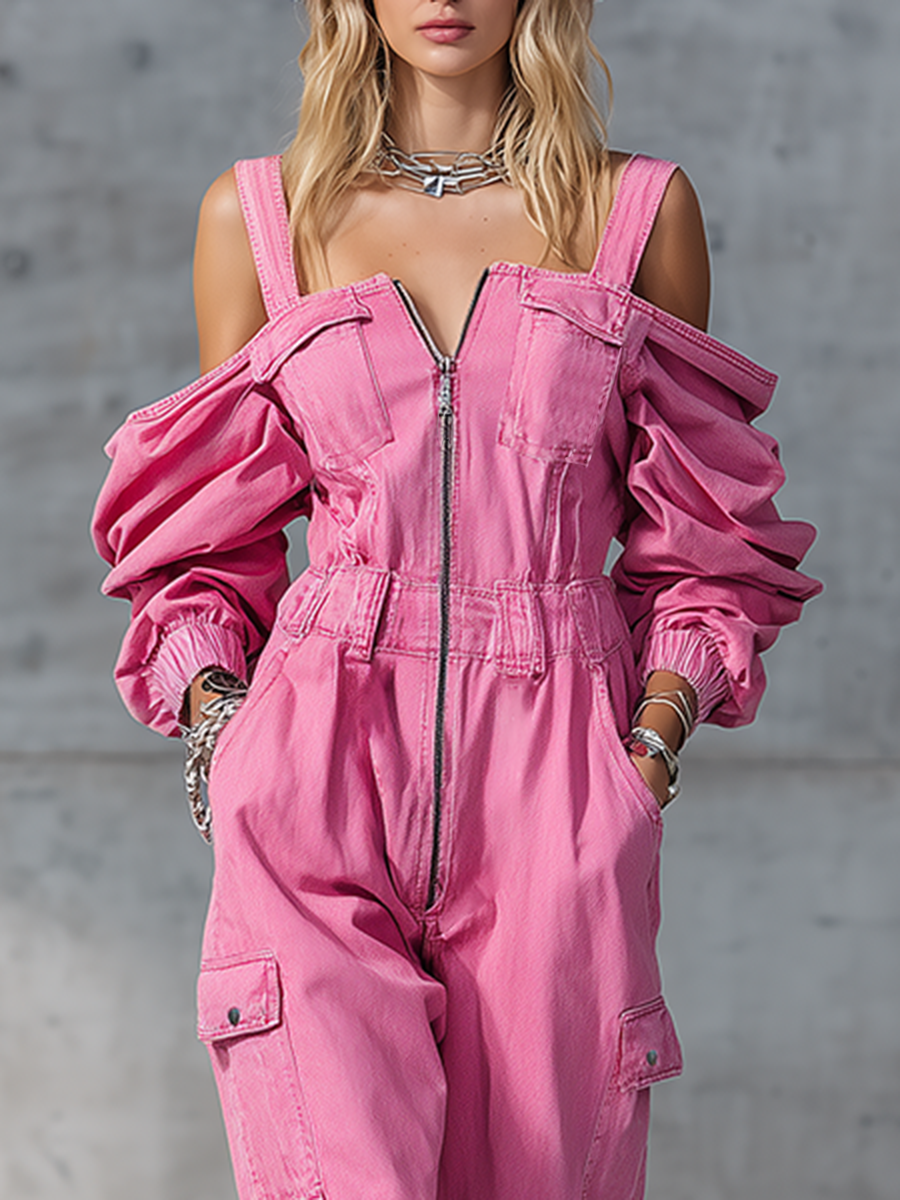 Stylish And Modern Long-sleeved Strappy Tapered Legs Pink Denim Jumpsuit  - By Qivii