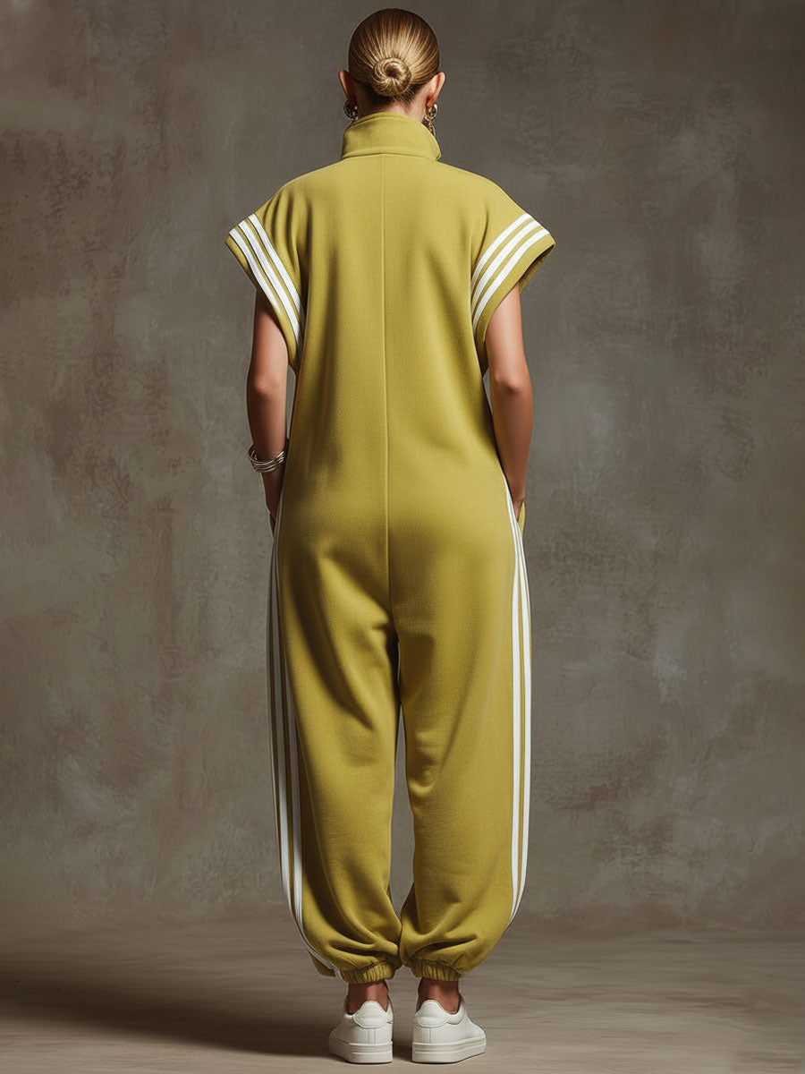 Casual Sports White Webbing Yellow-green Sleeveless Jumpsuit  - By Qivii