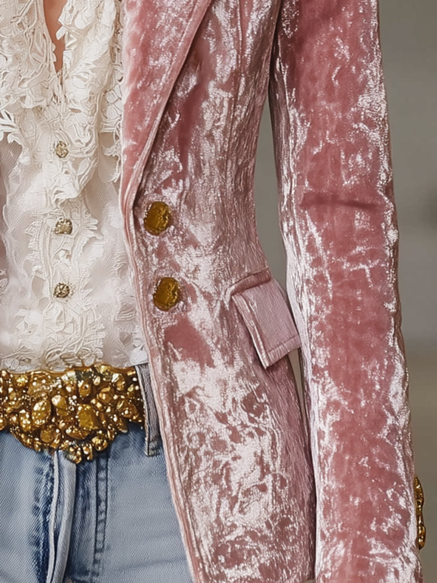 Fashion Retro Pink Velvet Gold Button Blazer  - By Qivii