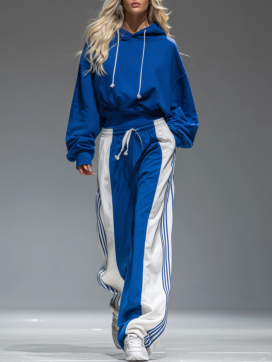 Retro Sporty Hoodie And Striped Wide-leg Pants Set  - By Qivii
